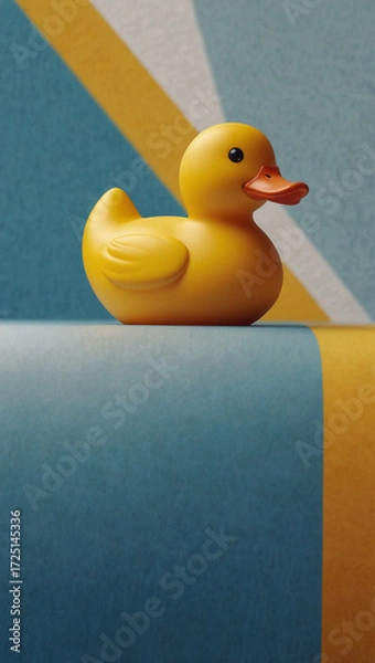 Fototapeta Playful Yellow Rubber Duck on Blue and White Striped Waves – Minimalist Whimsical Toy Design