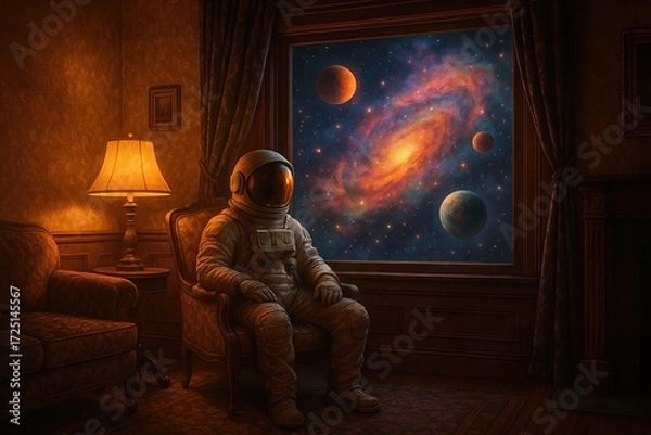 Obraz Astronaut Daydreaming by Window into Galaxy