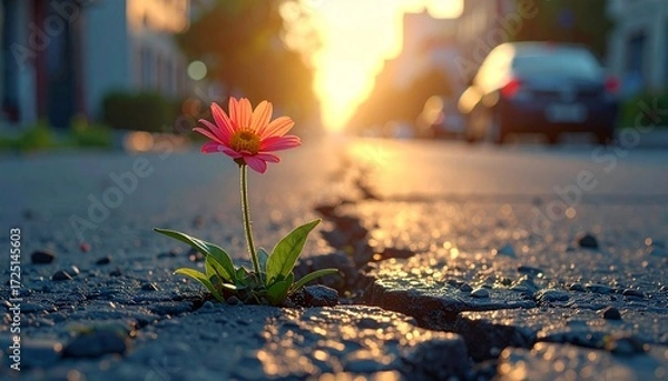 Obraz アスファルトに咲く花、希望の象徴、一輪の花と夕日、困難の中の美しさ、逆境に咲く花、夕焼けと生命力、街中の自然、生命の強さ、ひび割れた道と花、光に向かう花、静かな感動の風景、心に響く風景写真、再生と希望、雑草の力、ストリートと自然の対比
