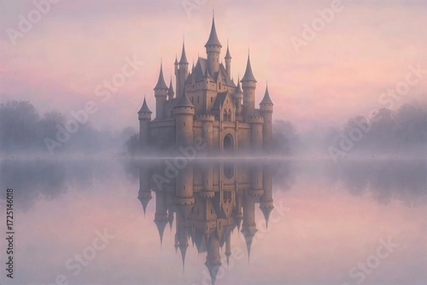Obraz Fairytale Castle Reflected in Misty Pink Lake