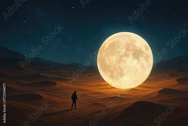 Obraz Lone Traveler Walking Toward Giant Moon in Desert