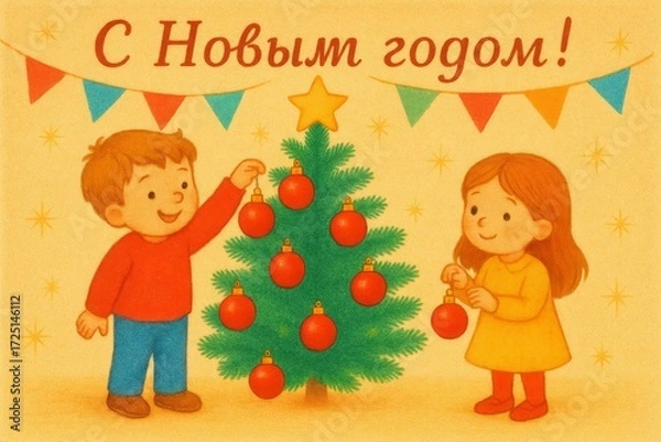 Obraz children decorate Christmas tree with red Christmas balls. boy and girl are preparing for new one. retro Christmas card. Christmas cartoon and animation. tree brightly of holiday celebration.