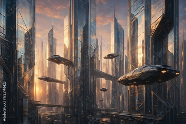 Obraz Futuristic Cityscape With Flying Cars at Dusk