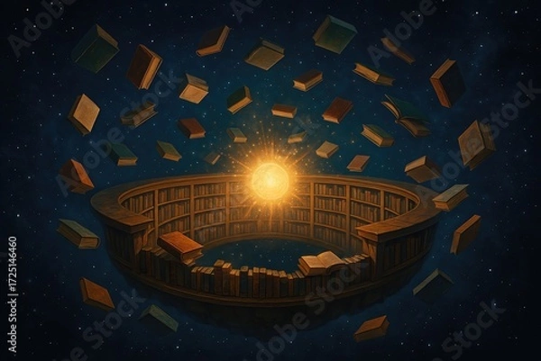 Obraz Circular Library With Floating Books and Light