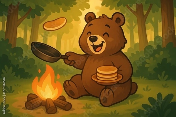Obraz Happy Bear Cooking Pancakes by Campfire