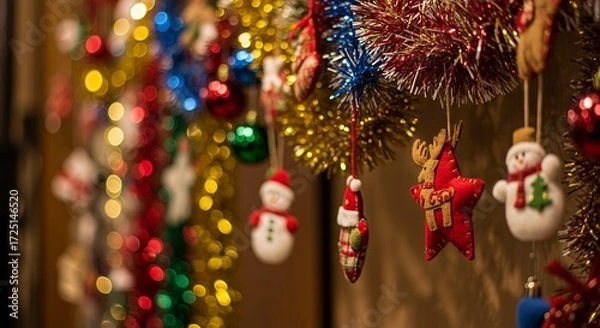 Fototapeta Festive close-up of hanging Christmas ornaments and tinsel with a beautiful sparkling bokeh background.