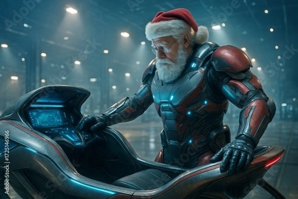 Obraz Futuristic Santa Claus in cyber suit with VR headset explores advanced control room. blend of festive imagery and technology creates surreal holiday vibes. VR Santa in futuristic world.