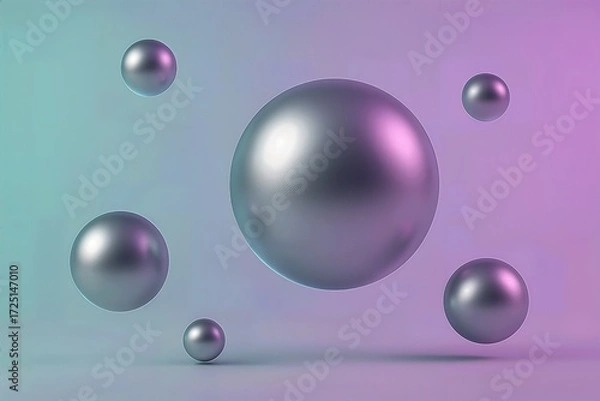 Obraz Floating Metallic Spheres on Pastel Gradient Background