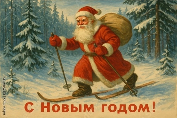 Fototapeta Vintage Santa Claus illustration running in snowy forest with gifts, classic Christmas. Russian Santa Claus. Retro drawing of Santa Claus in red coat running across snow with gift sack. nostalgia