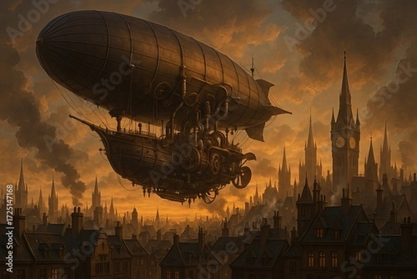Obraz Steampunk Airship Over Gothic City at Sunset