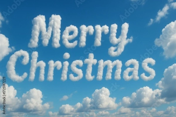 Obraz Merry Christmas message shaped like cloud letters floating in clear blue sky. Merry Christmas greeting written in white fluffy cloud letters on bright blue sky background. New Year backdrop Christmas