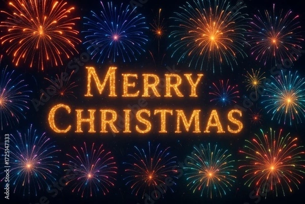 Obraz Merry Christmas golden letters glowing among colorful fireworks in night sky. Festive holiday greeting template. Merry Christmas bright golden text, fireworks on black backdrop. Holiday greeting