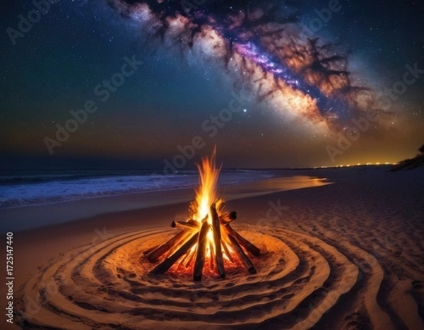 Fototapeta beach party bonfire on the beach at night with a starry sky in the background