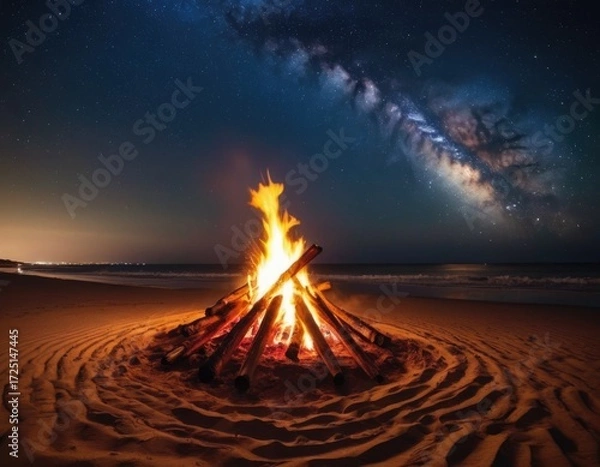 Fototapeta beach party bonfire on the beach at night with a starry sky in the background