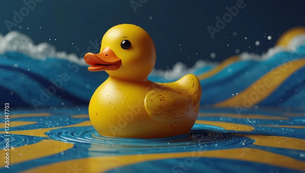 Fototapeta Playful Yellow Rubber Duck on Blue and White Striped Waves – Minimalist Whimsical Toy Design