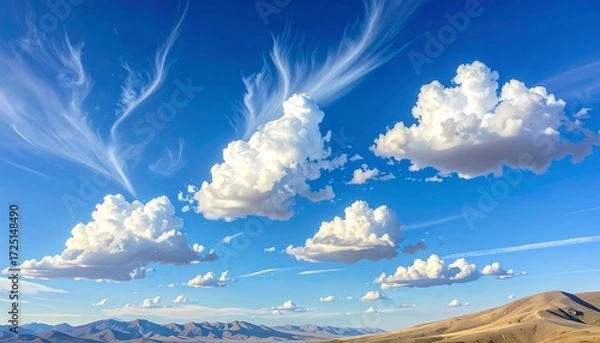 Obraz Expansive sky with fluffy clouds and distant mountains