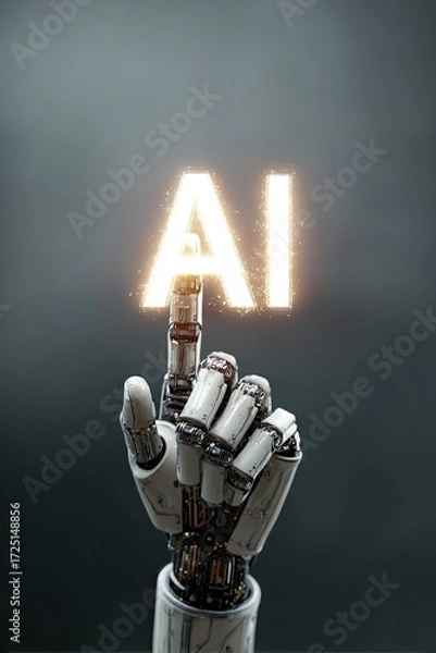 Fototapeta Futuristic robotic hand touching glowing AI letters symbolizing artificial intelligence innovation