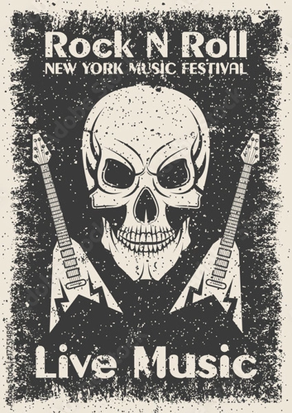 Obraz Vintage rock n roll poster. Skull and guitar typographic for print, t-shirt, tee design.