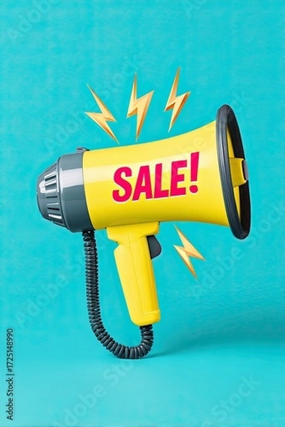 Fototapeta Bright yellow megaphone with sale text and lightning symbols on blue background for promotion design