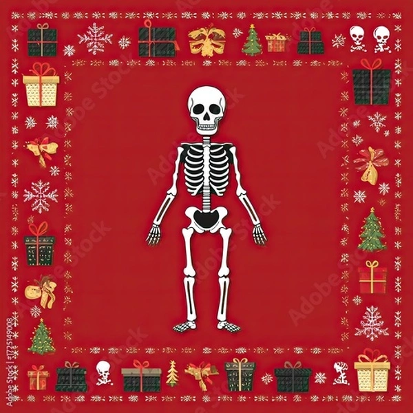 Fototapeta Skeleton with festive Christmas border of gifts trees bows and snowflakes on red background