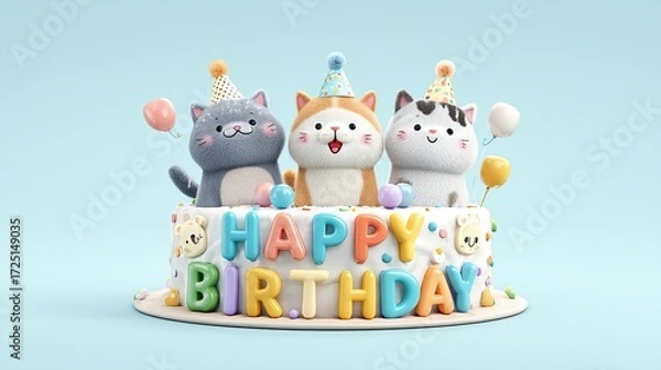 Fototapeta Cute birthday cake with three cartoon cats wearing party hats and balloons on pastel background design