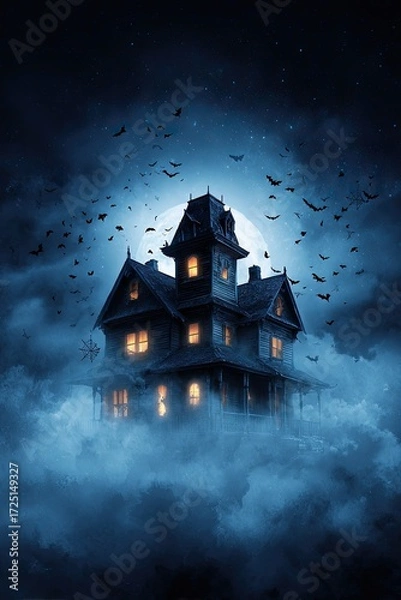 Fototapeta Haunted spooky house with glowing windows under full moon with bats flying in dark foggy night sky