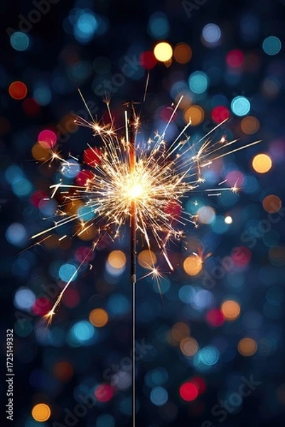 Fototapeta Sparkler burning with bright golden sparks against dark background with colorful festive bokeh lights