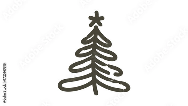 Fototapeta A simple hand drawn outline of a christmas tree with a star on top in a dark silhouette style