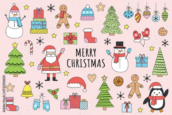 Fototapeta Colourful Christmas icon set. Hand drawn holiday characters and ornaments. X-Mas clip art design. Vector illustration