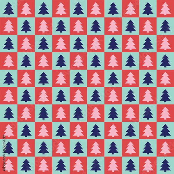 Fototapeta Colourful Christmas seamless pattern with cartoon trees. Minimalist concept. Vector illustration