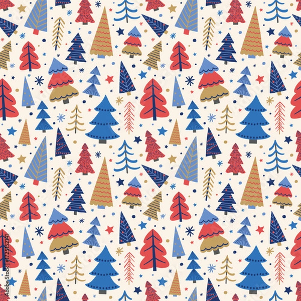 Fototapeta Christmas seamless pattern with cute cartoon trees and snowflakes. Wallpaper design. Vector illustration