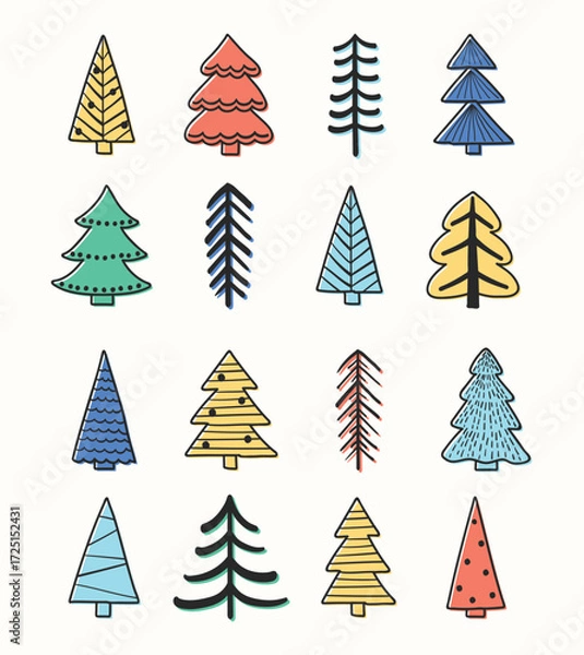 Fototapeta Set with a cartoon Christmas tree icons. Abstract ornaments. Vector illustration