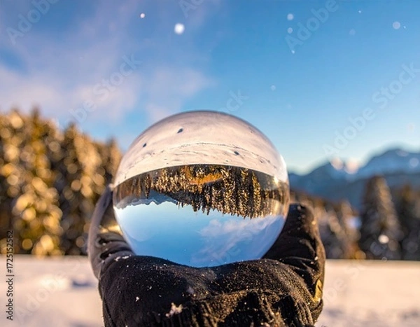 Fototapeta A crystal sphere reflects a snowy mountain scene, held in gloved hands against a vibrant winter sky