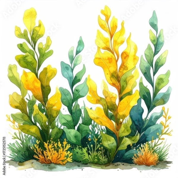 Fototapeta Vibrant watercolor painting of aquatic plants, showcasing a variety of yellow and green hues, with textures ranging from delicate to bold, set against a white background