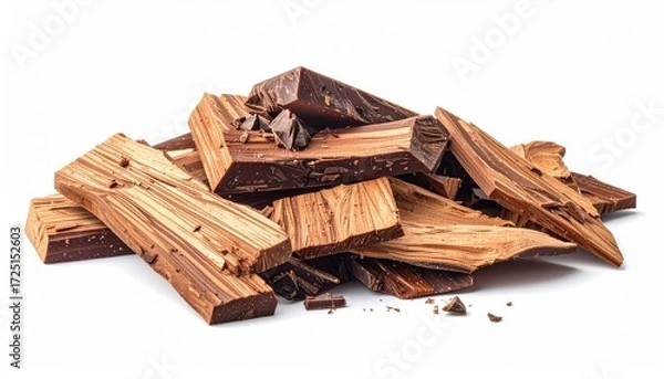 Fototapeta A small pile of dark brown rectangular chocolate pieces and wood-like chocolate shavings rests on a white background