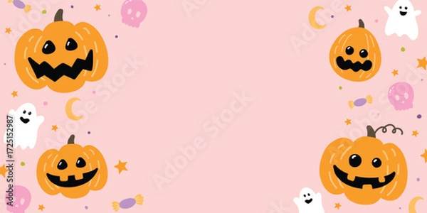 Fototapeta Halloween background with cute hand drawn pumpkins, ghosts and skulls in retro style. Vector illustration