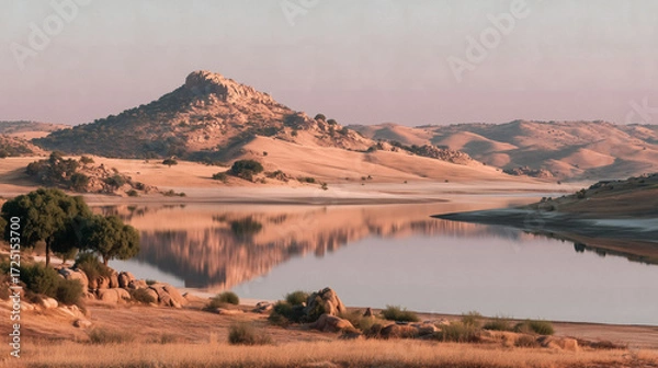 Fototapeta Serene reservoir landscape bathed in warm golden hour light with rolling hills and calm water reflections