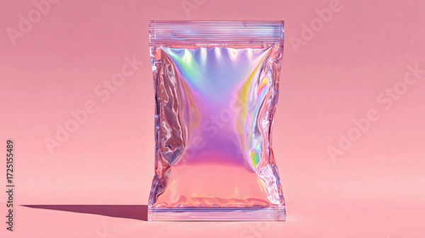 Fototapeta Shimmering holographic pouch with vibrant iridescent colors against a soft pink backdrop