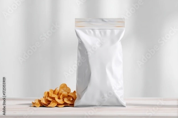 Fototapeta White Packaging Bag with Crispy Snack Chips on Neutral Background