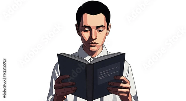 Fototapeta A digitally created image of a man with dark hair reading a book against a black background in a white shirt on transparent background