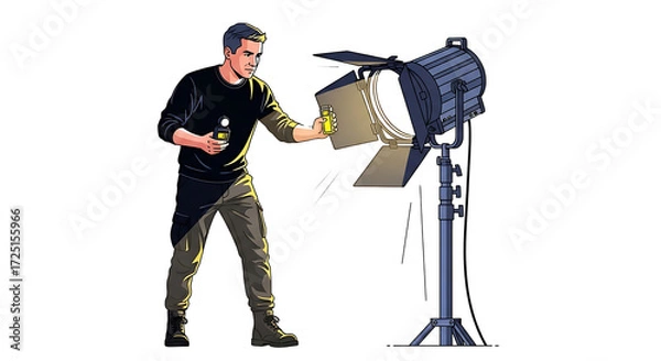 Fototapeta Man holding light meter next to a fresnel light on a stand in a dark studio environment setting scene on transparent background