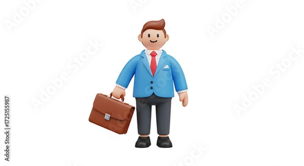 Fototapeta A cartoon businessman in a blue suit holding a briefcase standing against a black background in a studio on transparent background