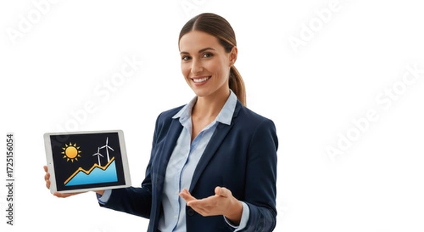 Fototapeta Woman in suit presenting tablet displaying sun, wind turbine and graph on black background isolated on transparent background