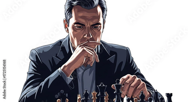 Fototapeta A man in a suit contemplating a chess board with his hand to his mouth in deep thought and strategy on transparent background