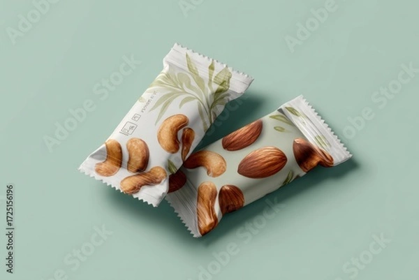 Fototapeta Nut Snacks in Minimalist Packaging on Soft Green Background