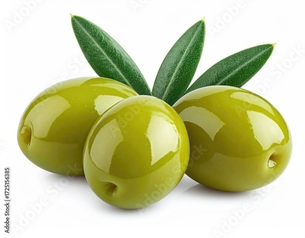 Fototapeta Three green olives with leaves on a white background (1)