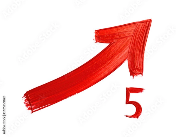 Fototapeta Bold red upward-pointing arrow, with a painted or brushed effect, overlayed with the number 5