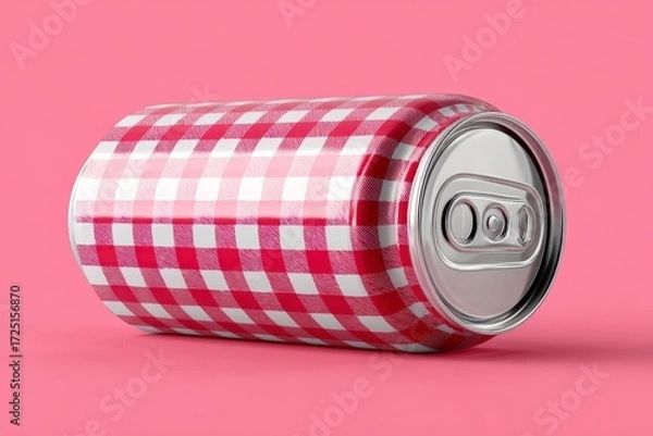 Fototapeta Vintage-Style Drink Can with Red Checkered Pattern on Pink Background