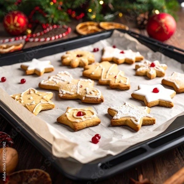 Obraz Festive Christmas cookies on a baking sheet