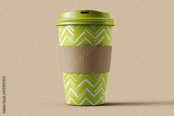 Fototapeta Stylish Green Coffee Cup with Chevron Pattern and Paper Sleeve